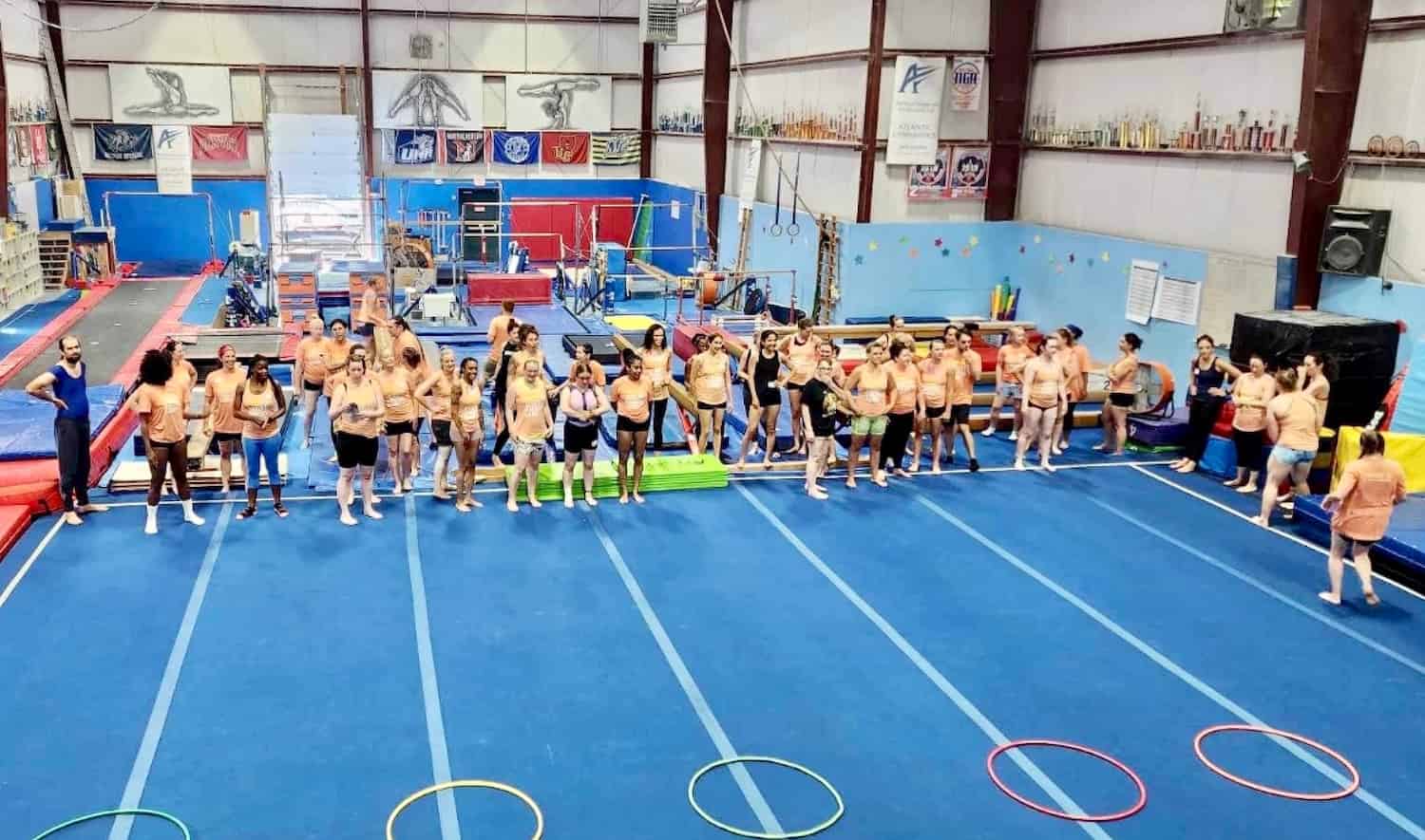 The campers took part in contests with prizes at stake at the original adult gymnastics camp. contests at the original adult gymnastics camp