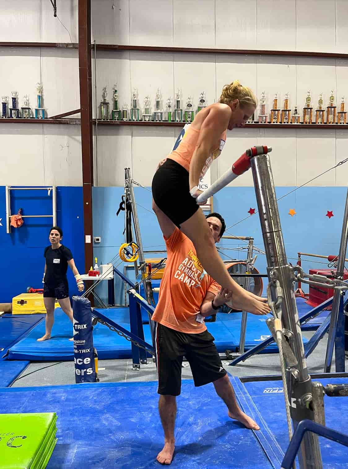 Joe Mello was part of the bars coaching at the original adult gymnastics camp. bars coaching at the original adult gymnastics camp
