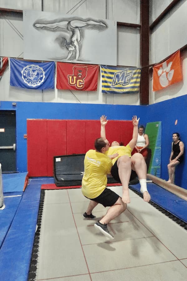 spot on the trampoline at the nh adult gymnastics camp