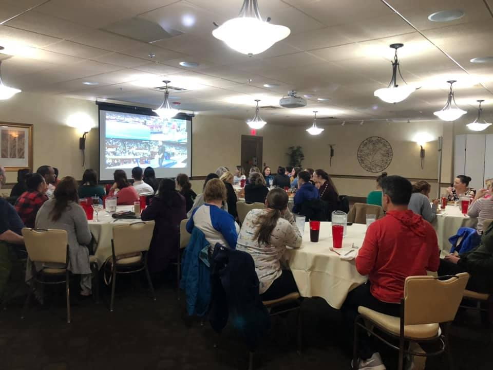 Adult gymnastics social events like the watch party at adult camp is the highlight of any weekend! adult gymnastics social events